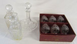 3 decanters & a set of brandy glasses