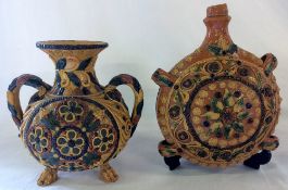 18th/19th century two handled vase on tripod claw feet H 18cm & a similar flask both decorated in