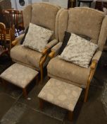 Pair of modern wingback style armchairs with footstools and 4 cushions