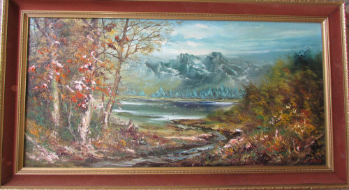 Oil on canvas of a mountainous scene by Grimsby artist H S Young 56 cm x 102 cm