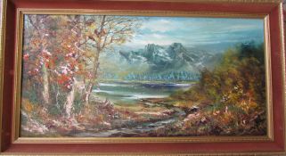 Oil on canvas of a mountainous scene by Grimsby artist H S Young 56 cm x 102 cm