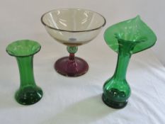 Lustre multi coloured glass bowl & 2 green glass vases