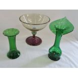 Lustre multi coloured glass bowl & 2 green glass vases