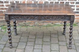 Late Victorian dark oak serving table with carving to draws & barley twist legs