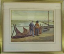 Watercolour 'Mending Nets' by O J Bontems 32 cm x 27 cm