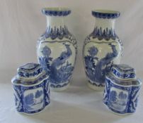 Pair of blue and white Oriental style vases H 46 cm & pair of oriental ginger jars