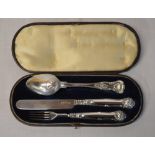 3 piece silver cutlery set comprising of teaspoon, small fork and knife,