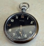 Cyma General Service Trade Pattern military pocket watch, black dial, rear engraved G.S.T.