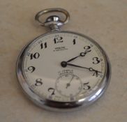 Montine of Switzerland nickel chrome railway pocket watch, with back engraved B.R.