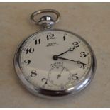 Montine of Switzerland nickel chrome railway pocket watch, with back engraved B.R.