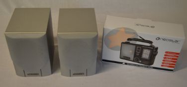 Pair of small Mission speakers and a Neostar rechargeable radio