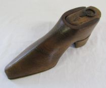 Table top wooden snuff shoe with brass pique work dated 1842