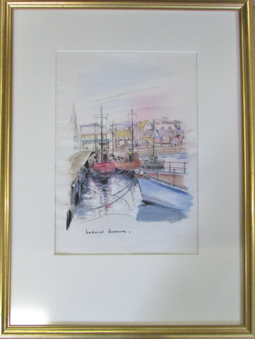 Watercolour of fishing boats at Lerwick Harbour signed Alf Newsome (1932-2017) 51 cm x 68 cm