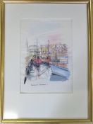 Watercolour of fishing boats at Lerwick Harbour signed Alf Newsome (1932-2017) 51 cm x 68 cm