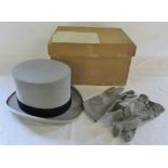 Grey top hat and gloves with original box by Hillhouse & Co New Bond Street London size 7 1/8