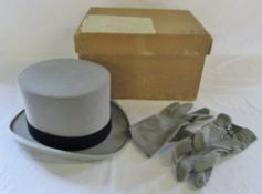 Grey top hat and gloves with original box by Hillhouse & Co New Bond Street London size 7 1/8