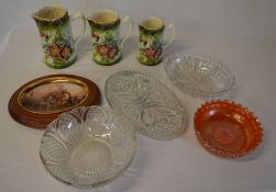 3 graduated ceramic jugs, framed collectors plate,