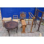 Towel rail, cake stand, child's chair, stool,