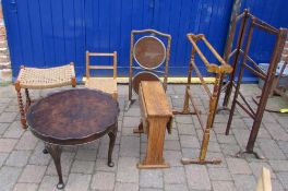 Towel rail, cake stand, child's chair, stool,