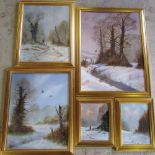 5 oil on board paintings by Lincolnshire artist K R Wilkinson inc 'Out from the elms' 'High over'
