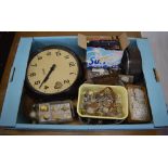 Clock and watch parts including a Gents of Leicester industrial wall clock, watch movements,
