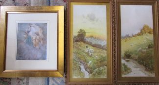 Pair of Edwardian watercolours of sheep in landscape,