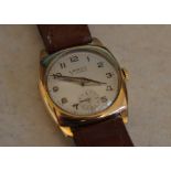 9ct gold body Lanco 15 jewel wristwatch on leather strap