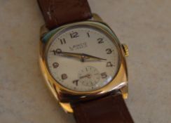 9ct gold body Lanco 15 jewel wristwatch on leather strap