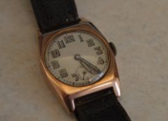 9ct gold body wristwatch on leather strap,