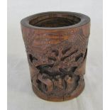 Chinese carved wooden brush pot H 13 cm