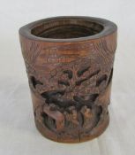 Chinese carved wooden brush pot H 13 cm