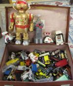 Suitcase containing play worn robots and die cast cars inc Dinky and Corgi