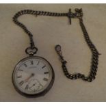 Silver A W W Co Waltham Mass pocket watch on silver chain with silver T bar, total approx weight 5.