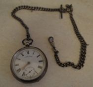 Silver A W W Co Waltham Mass pocket watch on silver chain with silver T bar, total approx weight 5.