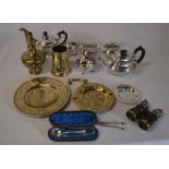 Various silver plate, sugar tongs, brass plate, ashtray, jug,