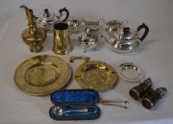Various silver plate, sugar tongs, brass plate, ashtray, jug,