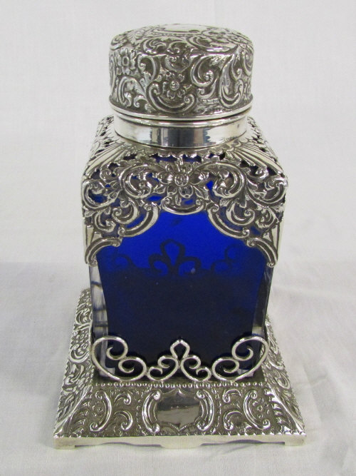 Late Victorian silver & blue glass tea cannister (two small pieces of silver missing) Birmingham