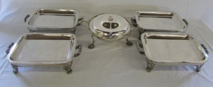 4 silver plate serving dishes & a lidded circular vegetable dish