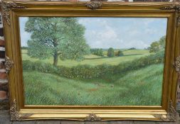 Oil on canvas of a landscape scene with a fox in the foreground approx 109cm x 80cm