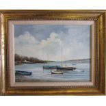 Oil on canvas of a riverside/harbour scene by Shirley Carnt signed lower right 53 cm x 42.