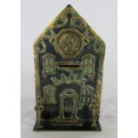 Victorian brass and iron money box in the form of a bank