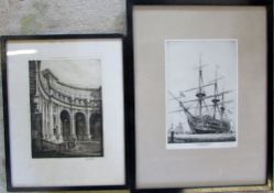 2 etchings by Graham Clilverd both signed in pencil inc HMS Victory (with dedication to 'P W Inwood
