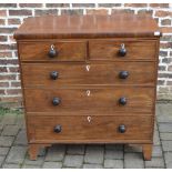 Georgian mahogany veneer chest of drawers on bracket feet with turned ebony knobs