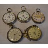 5 Swiss silver ladies fob pocket watches for spares/repair,