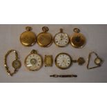 10 gold plated / gold filled pocket and wrist watch cases (some with movements) for spares/repair,