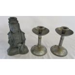 Pair of Arts & Crafts style candlesticks & a Chinese figure of Guanyin (a/f)