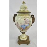 Sevres style hand painted lidded urn signed G Poitevin with gilt bronze Satyr head handles & other