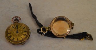 A 9ct gold ladies fob watch (crystal missing) and a 9ct gold watch case (AF)