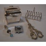 Silver plated grape scissors, vesta case, toast rack,