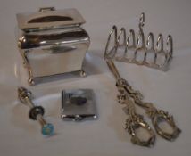 Silver plated grape scissors, vesta case, toast rack,